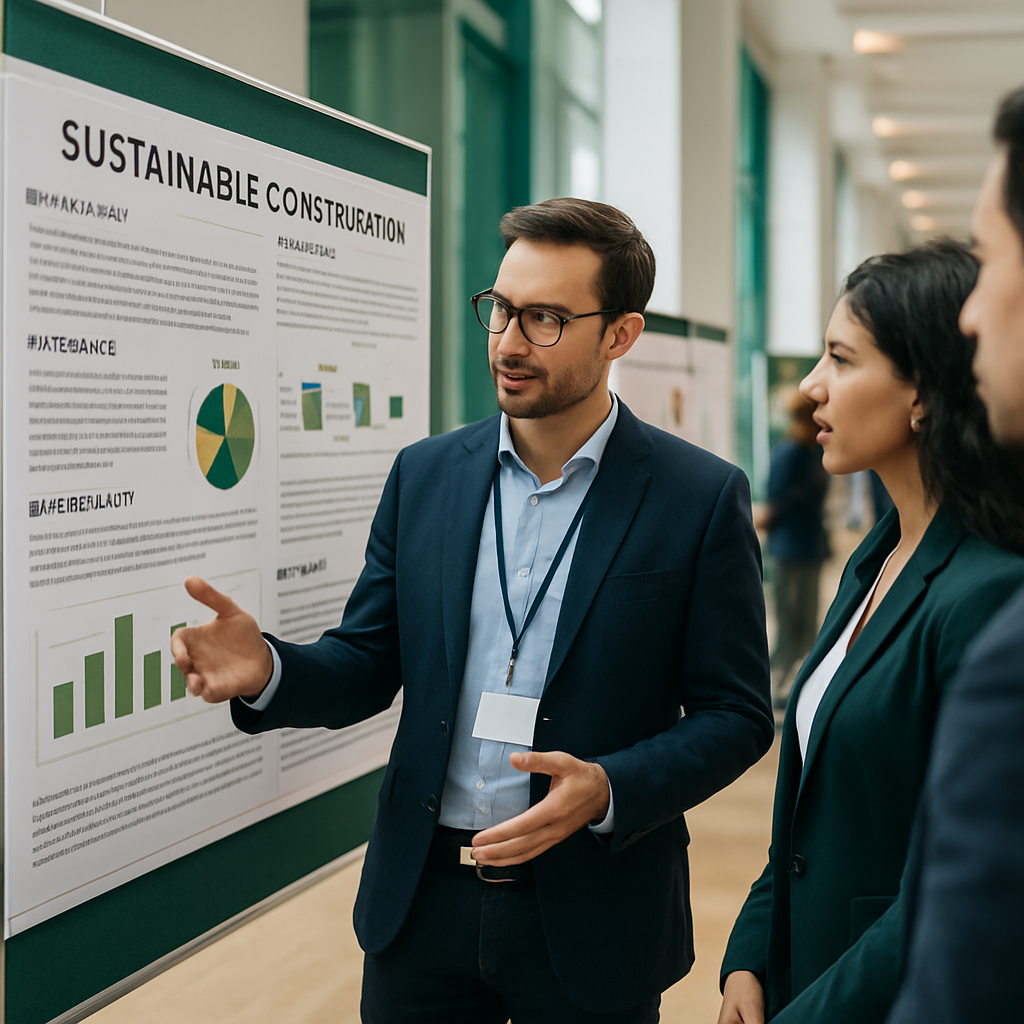 A researcher presenting a scientific poster on sustainable construction to colleagues