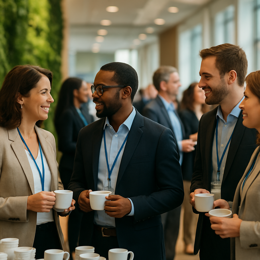 Attendees networking during a coffee break at a modern conference venue