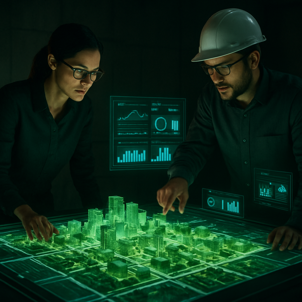 Engineers reviewing a 3D digital twin smart city model on a large touchscreen